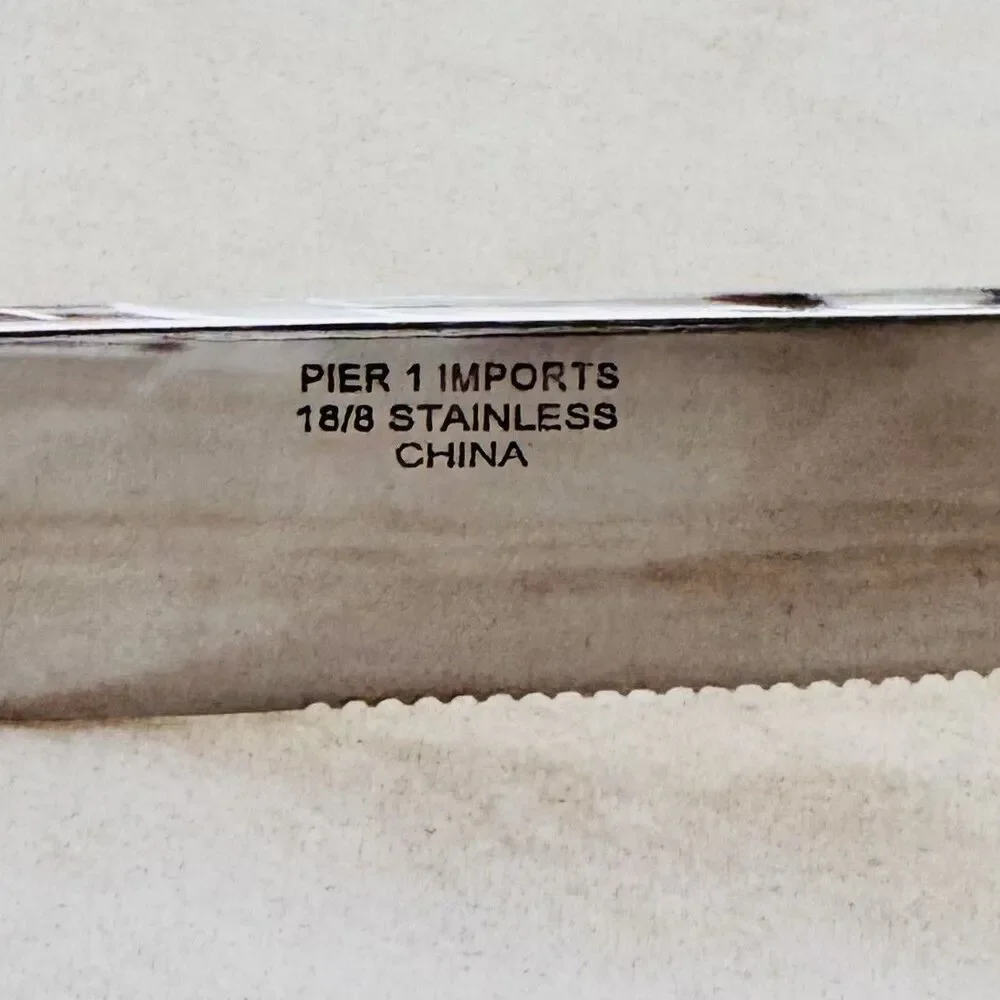 4pc Pier 1 Steak Knife 9” 18/8 Stainless Serrated Satin Ribbed/Bamboo Handle